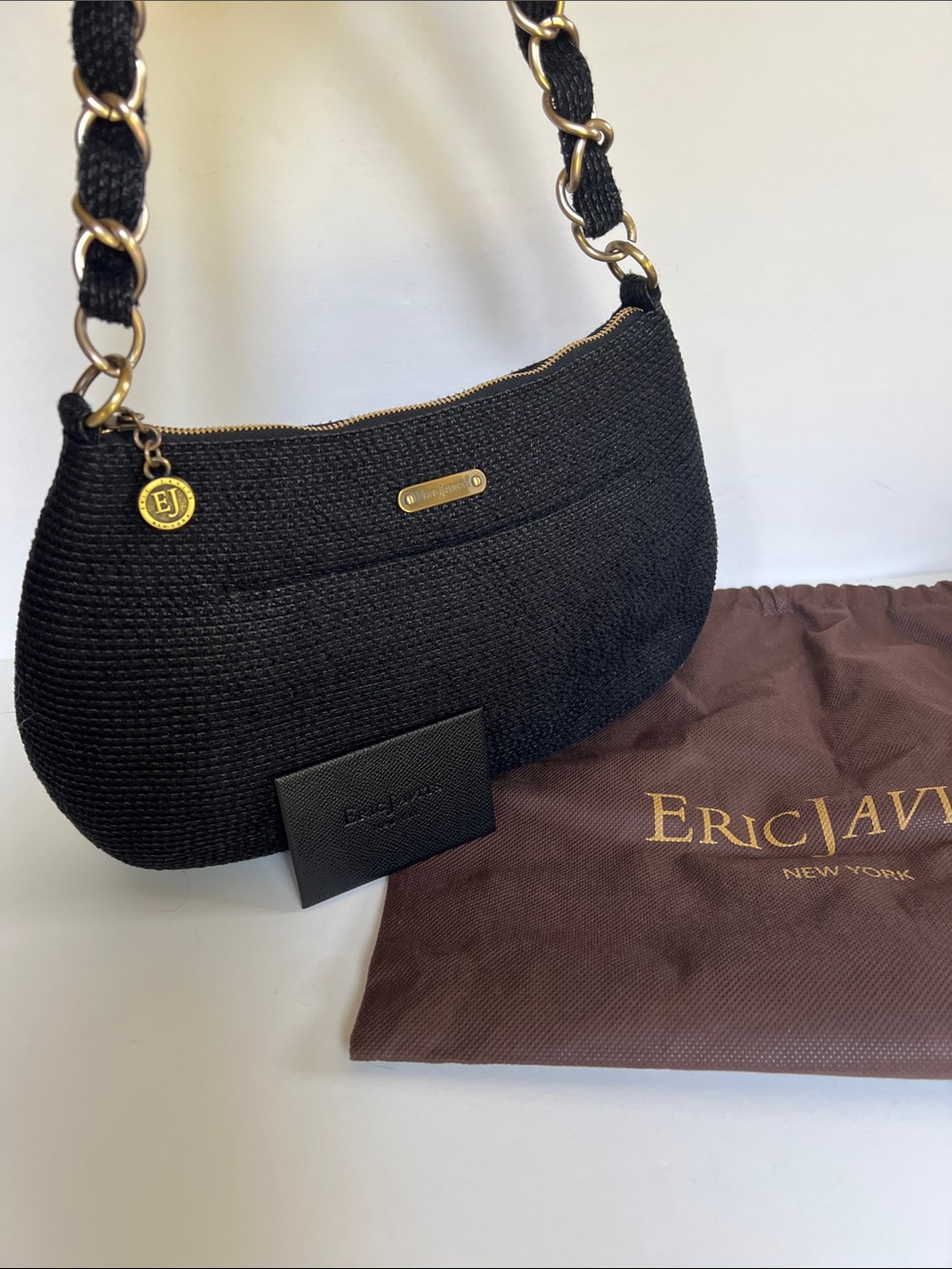Eric Javits Black Woven Squishy Shoulder Bag with Gold Chain Strap
